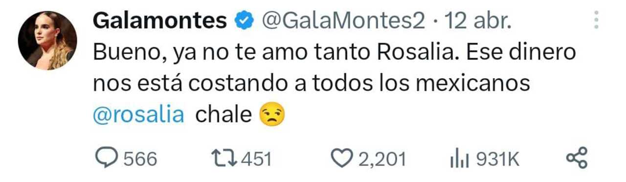 Gala Montes se queja de concierto de Rosalía