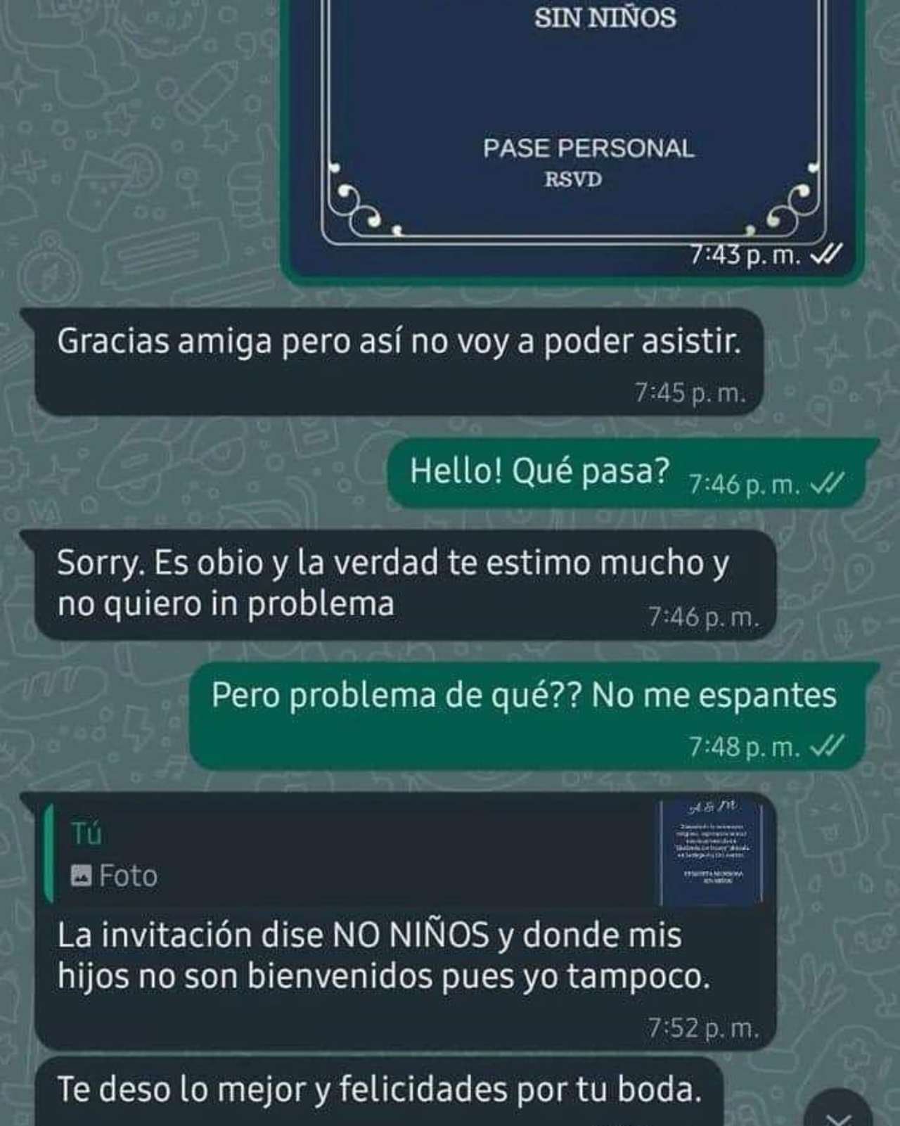 Mujer invita amiga boda sin niÃ±os