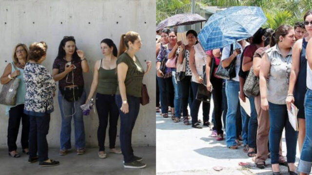 Mujer trabaja haciendo fila