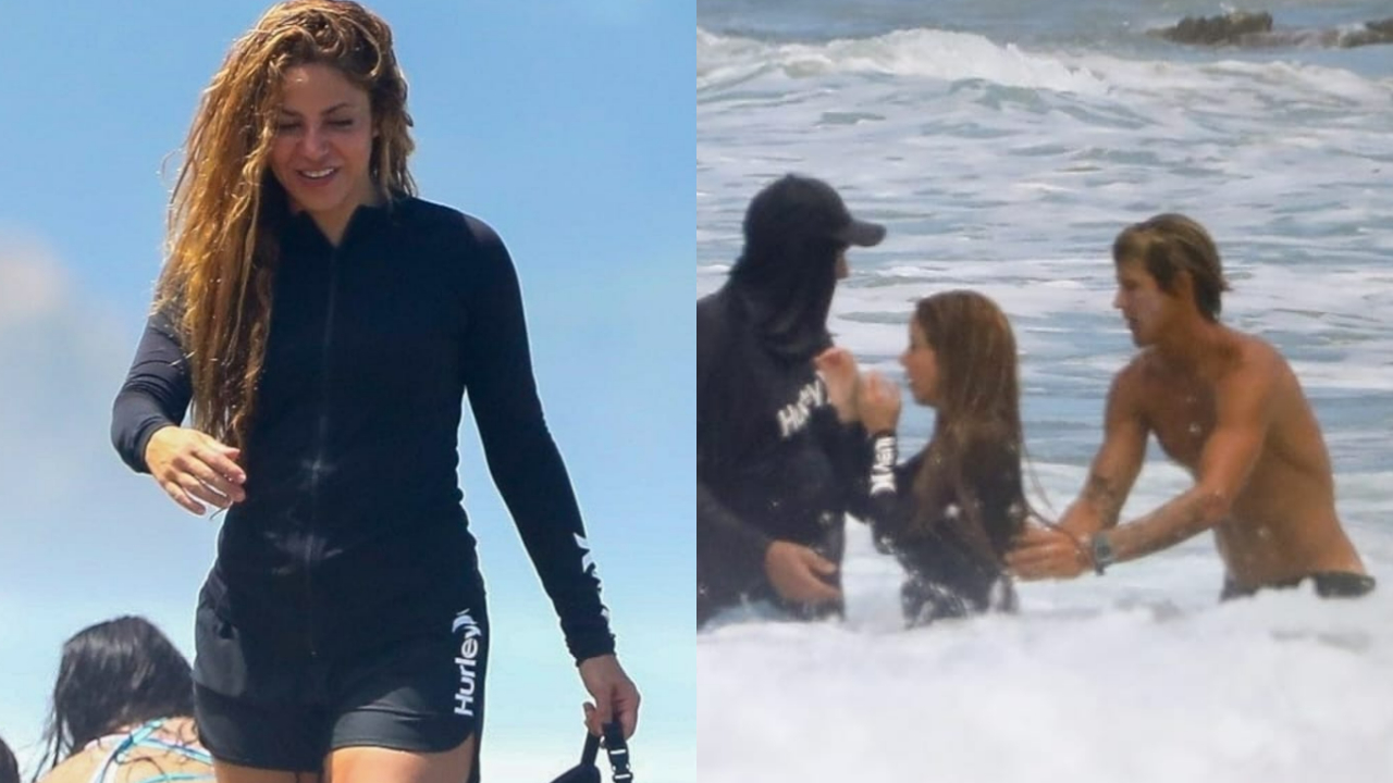 Shakira presume cinturita en traje de baño junto a guapísimo instructor de surf