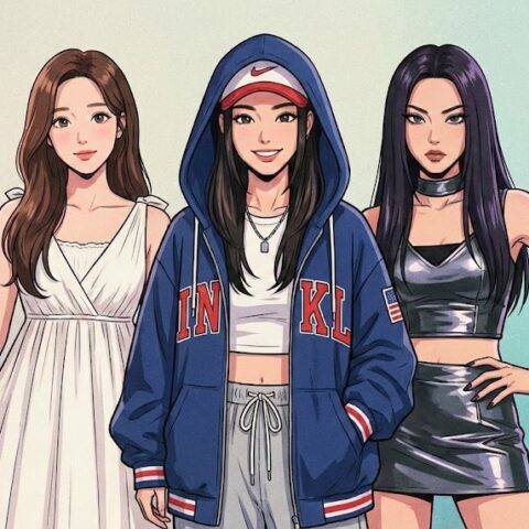 ilustración estilo anime de la Primera generación kpop de girl groups